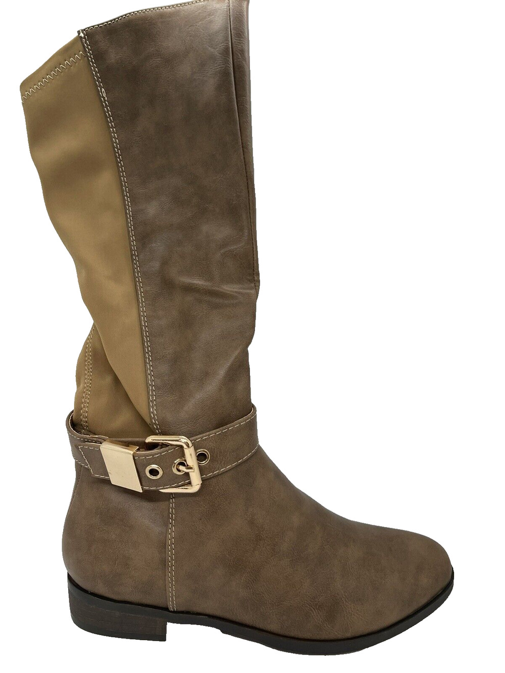 Women Liliana Ultimo1 Taupe Leatherette Mid-Calf Buckle Stretch Riding Boot SZ 7